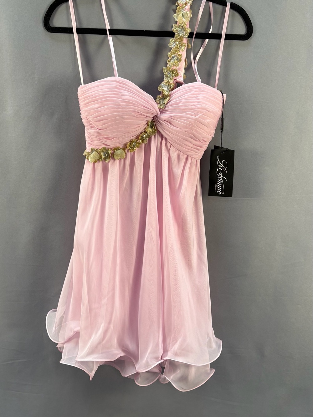 La Femme Light Pink One-Shoulder Chiffon Dress with Gold Appliqué